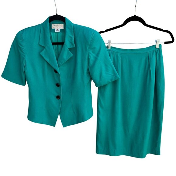 Christian Dior Vintage Womens Teal Short Sleeve Blazer Pencil Skirt Suit Set 4 - Picture 1 of 16